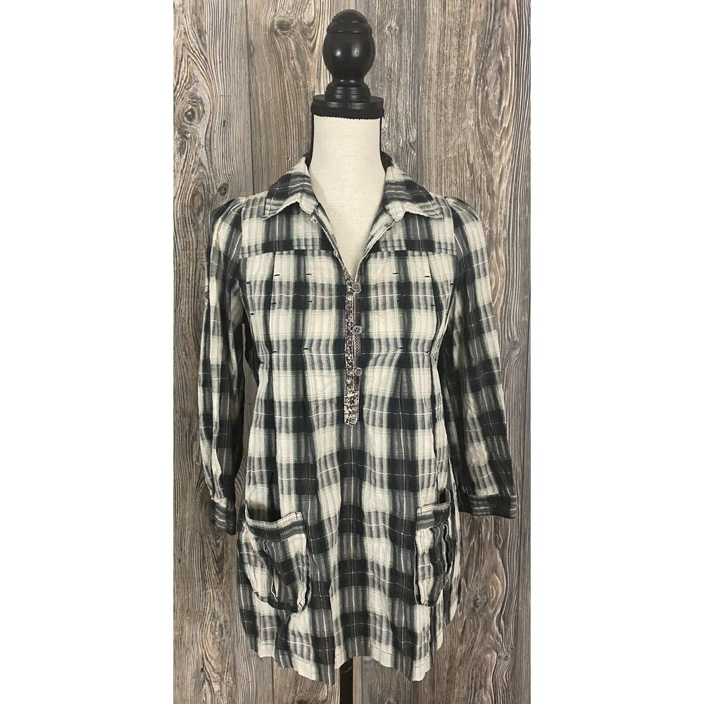 Free People Blouse Top Size 4‎ ~ 1/4 Button Multi-Color Plaid Cotton 3/4 Sleeve